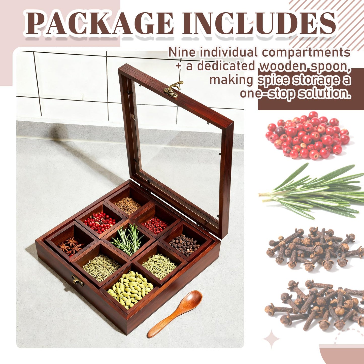 AceOrbit Wooden Spice Box with Wooden Spoon, Decorative Masala Dabba Organizer with Glass Lid, Indian Spice Storage Container, Ideal for Seasonings & Herbs (Square,9 x 9 Inch)