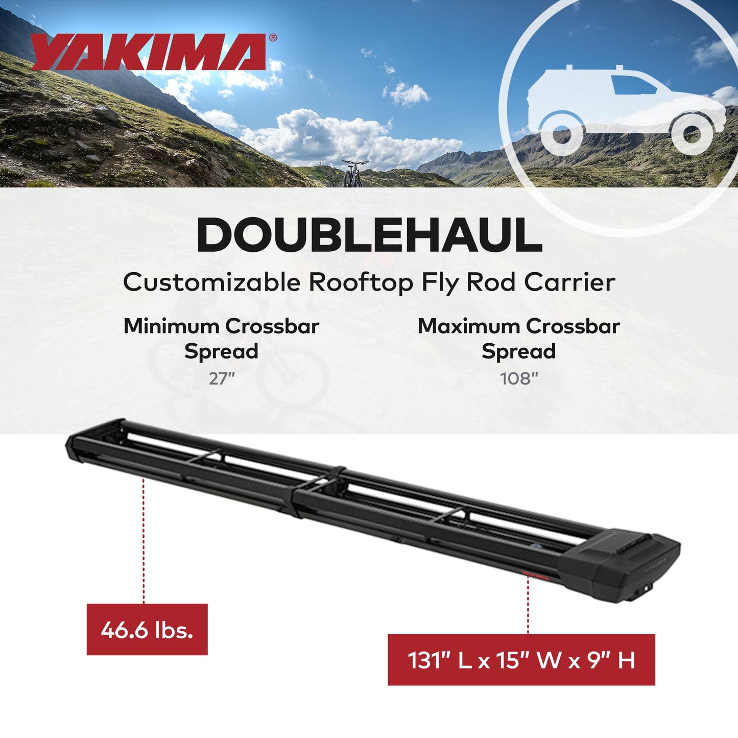 Yakima Rooftop Fly Rod Carrier, Adjustable Length Holder for up to 4 Fly Fishing Poles up to 10 Ft Long – Felt Padding, Reel Box & Tubes for Secure Gear Storage, DoubleHaul