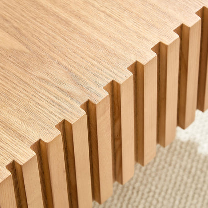 KEIKI 32" Handcraft Drum Square Wooden Coffee Table with Sturdy MDF Pedestal, Modern Style Solid Wood Relief Coffee Table, Easy Assembly, for Living Room, Bedroom, Reception Room, Natural Ash