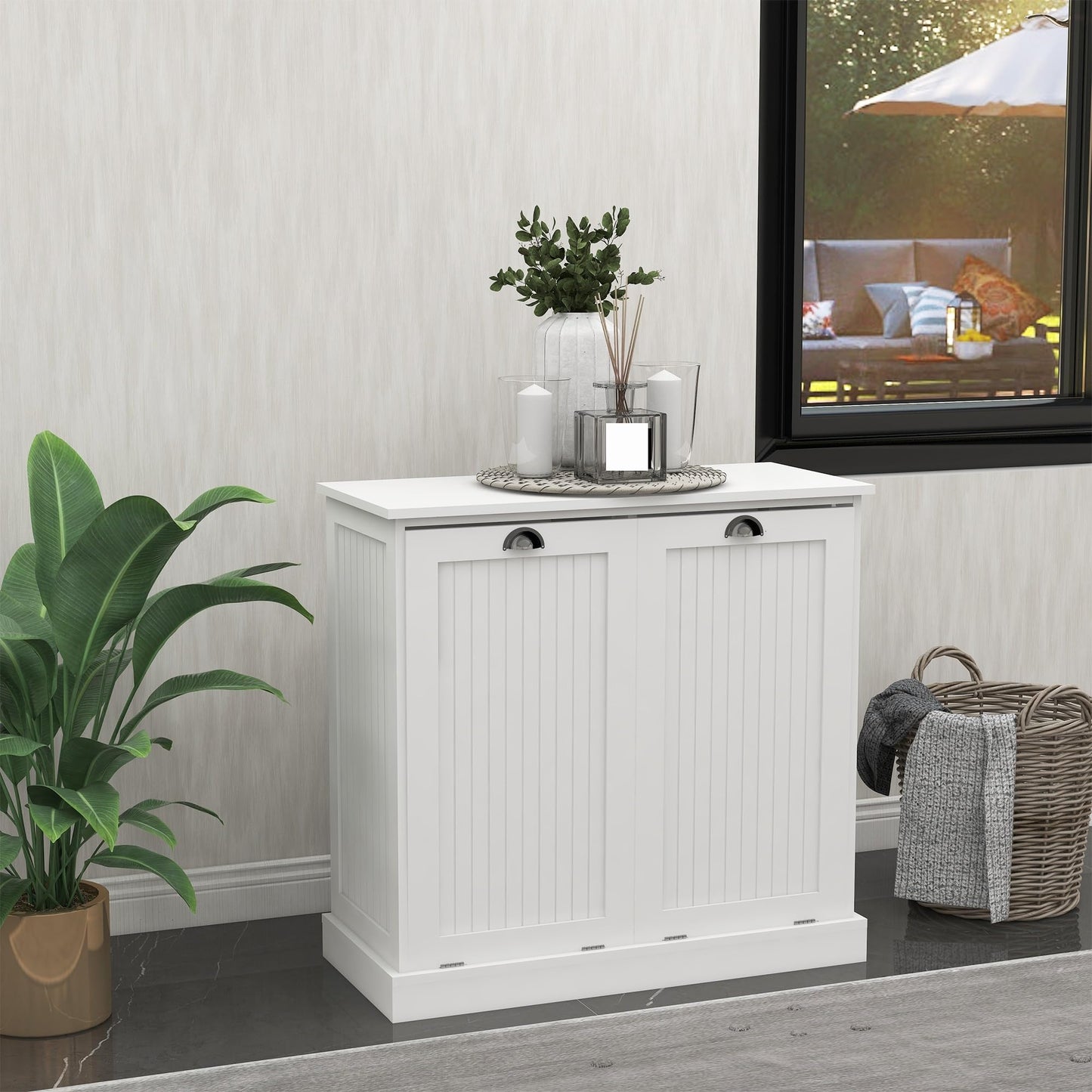 Contemporary Storage Cabinet, Two-Compartment Tilt-Out Laundry Sorter Cabinet, for Bathroom Hallway,for The Kitchen