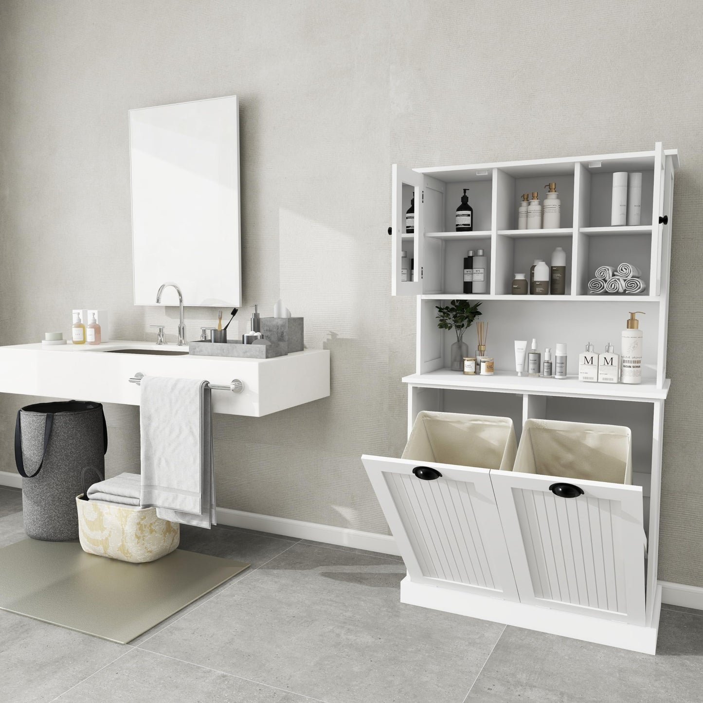 agnixnaf Two-Compartment Tilt-Out Dirty Laundry Basket Tall Bathroom Cabinet with 2 Adjustable Shelves-White