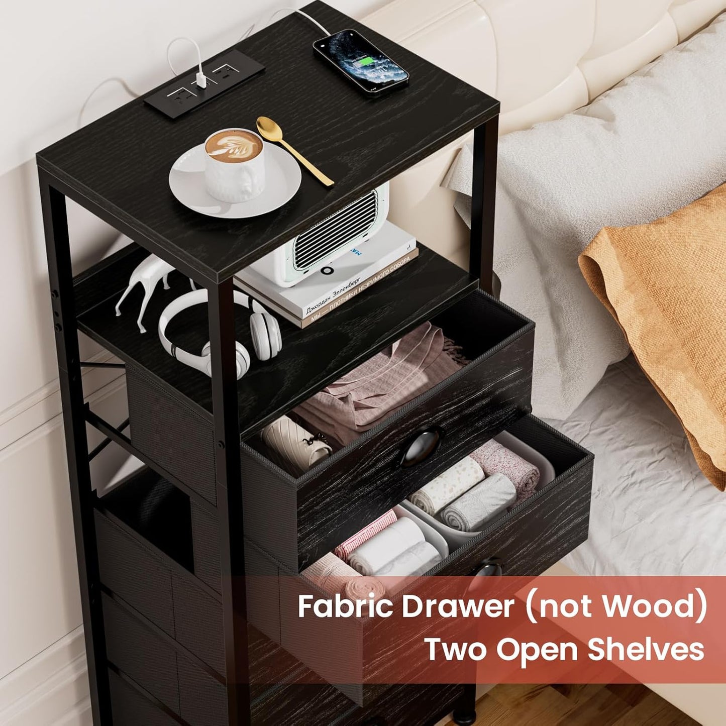 5-Drawer Dresser with Charging Station & Voice Control LED Light, Modern Bedside Table with USB/Type-C Ports