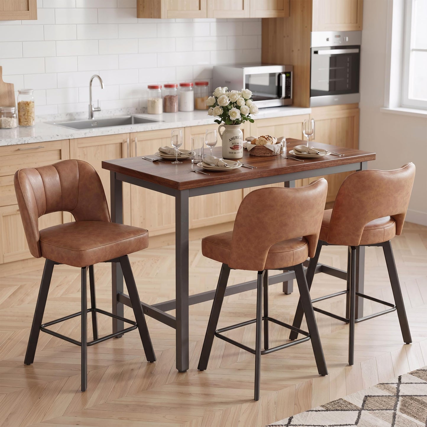 Homkdom Bar Stools Set of 3, 26 Inch Counter Height Swivel Bar Stools for Kitchen Island, Faux Leather Bar Stools with Back and Footrest, 360° Swivel, Metal Legs, 350 lbs, Cognac Brown
