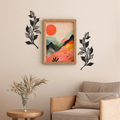 Slickss 14.6" 2 Pieces Metal Leaf Wall Art, 1mm Thick Matte Black Minimalist Vine Branch Decor, Above Door Bed Wall Hanging with Nail & Adhesive Mount Kit, Farmhouse Boho Decor for Home