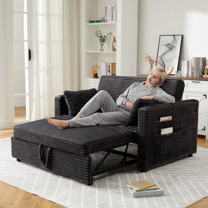 GarveeTech Loveseat Sleeper Sofa Bed, 55'' Pull Out Bed with Adjustable Backrest, Charging Station and Side Pockets, Corduroy Couches for Living Room, Bedroom and Apartment, Dark Grey