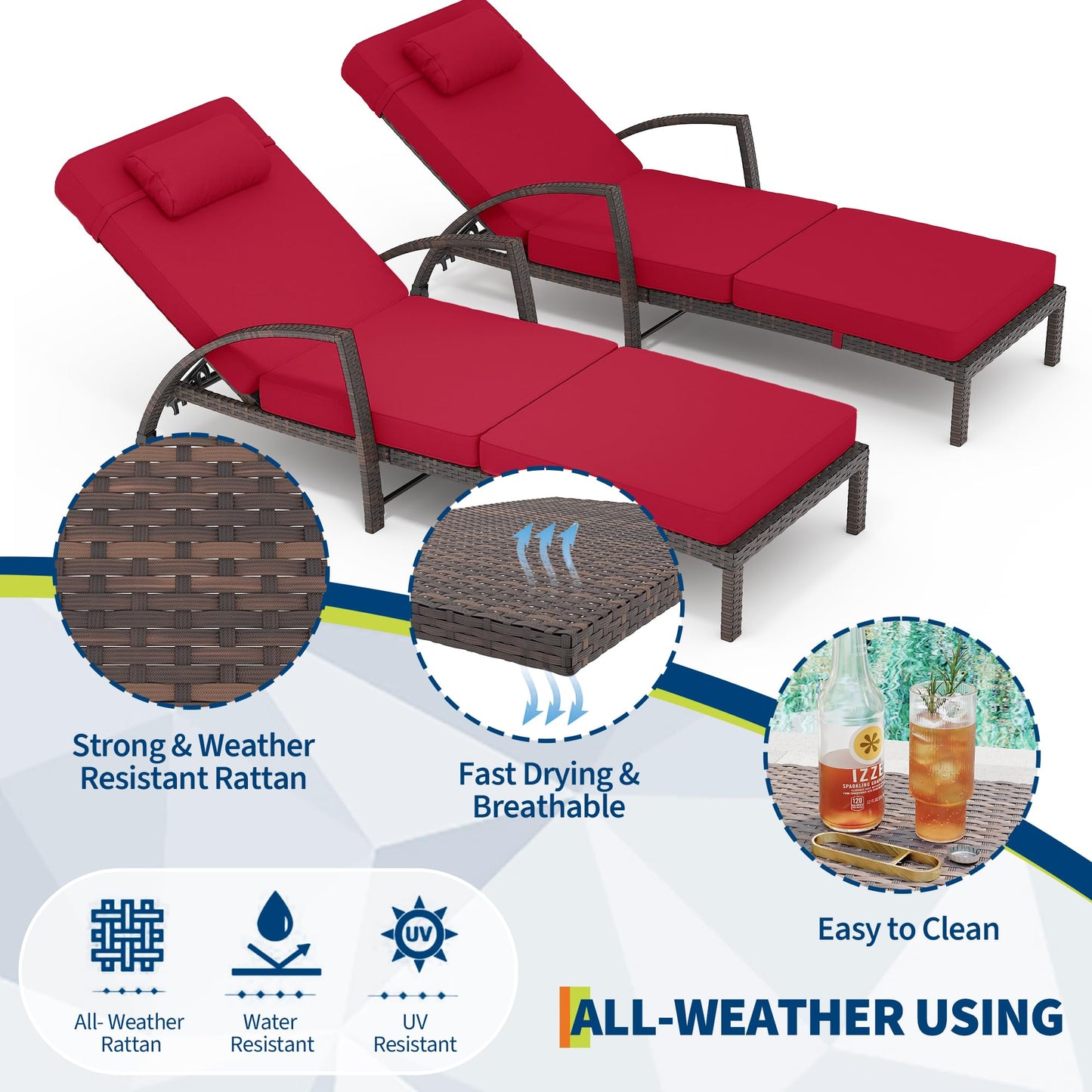 GarveeLife 2-Piece Rattan Patio Folding Chaise Lounge, 5-Position Adjustable Backrest Outdoor Lounge Chair with Cushion and Pillow for Poolside, Backyard, Deck, Porch, Red