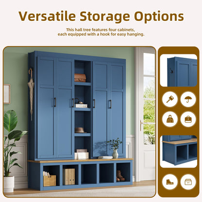 Virubi 4-in-1 62.9" Wide Hall Tree with Bench and Shoe Storage, Farmhouse Wood Entryway Bench with Coat Racks, Doors, 6 Hooks and Storage Shelves for Living Room (Blue)