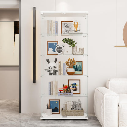 KTATK Glass Display Cabinet with 5 Shelves Double Door,Floor Standing Curio Bookshelf,Quick Installation,for Bedroom Living Room Office,White（73.82"x 31.69"x 14.37"）