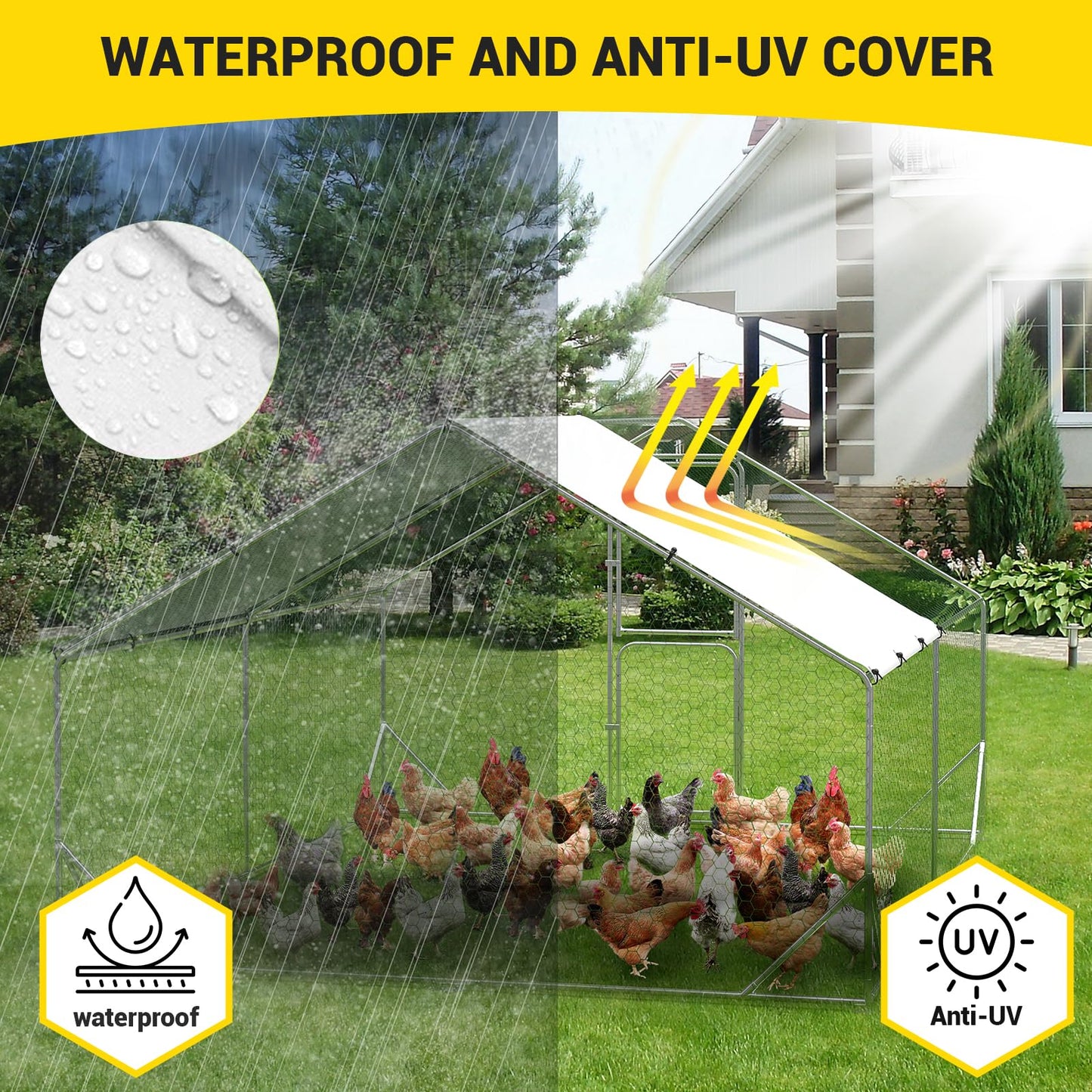 13.1' L x 9.8' W x 6.6' H Large Metal Chicken Coop, Outdoor Chicken Run with Cover and Double Door for Backyard Farm Yard