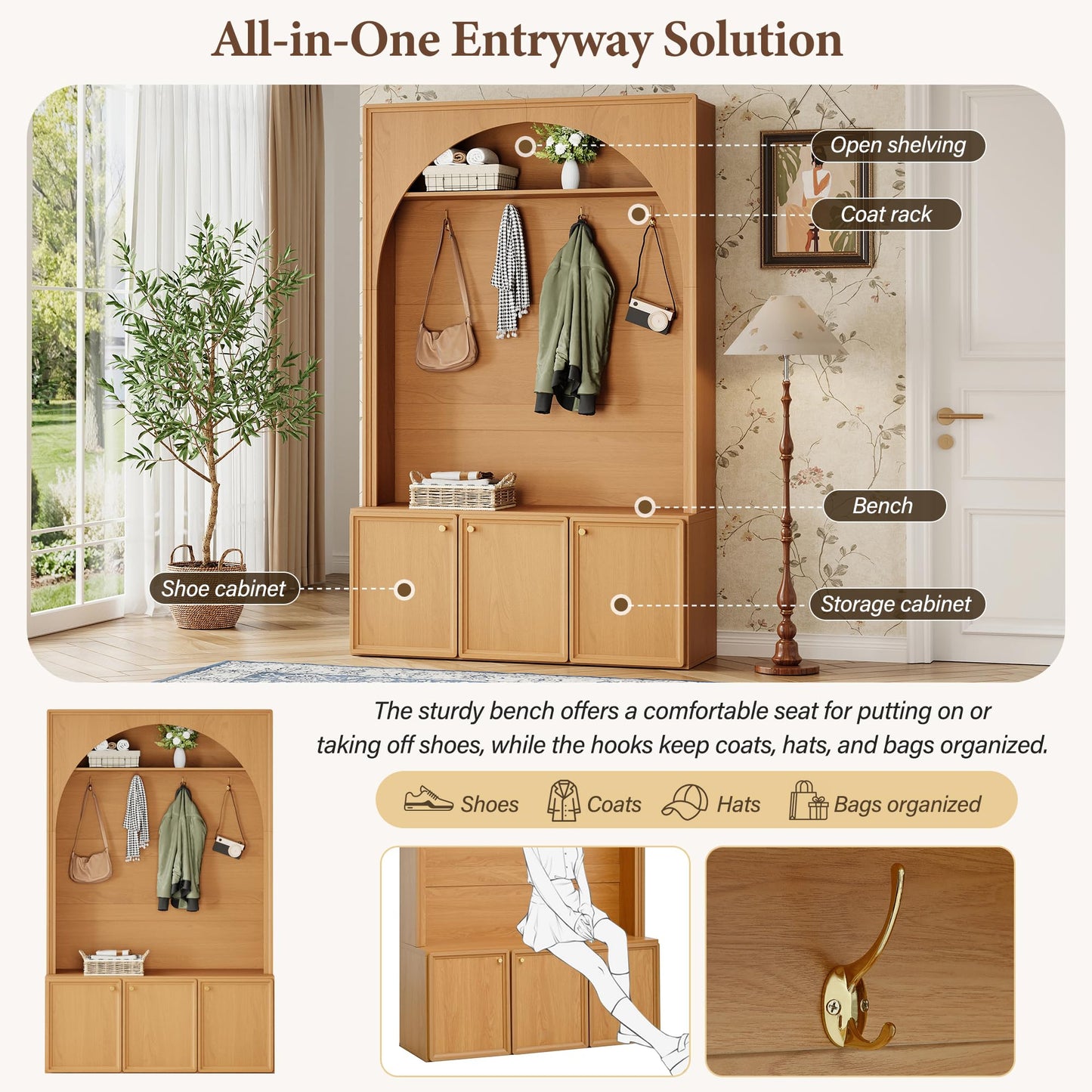 Ball & Cast Farmhouse Hall Tree with Storage Bench, 48.7" Arched Entryway Coat Rack Organizer with 4 Metal Hooks, 3 Cabinets, Adjustable Shelves, Wooden Mudroom Bench for Hallway, Natural