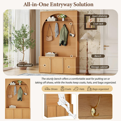 Ball & Cast Farmhouse Hall Tree with Storage Bench, 48.7" Arched Entryway Coat Rack Organizer with 4 Metal Hooks, 3 Cabinets, Adjustable Shelves, Wooden Mudroom Bench for Hallway, Natural