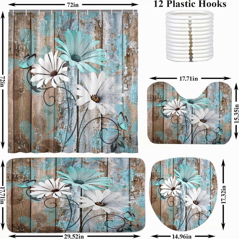 JAWO 4 Piece Teal Daisy Flower on Rustic Wooden Plank Country Style Shower Curtain Sets with Non-Slip Rugs, Toilet Lid Cover and Bath Mat, Shower Curtain with 12 Hooks