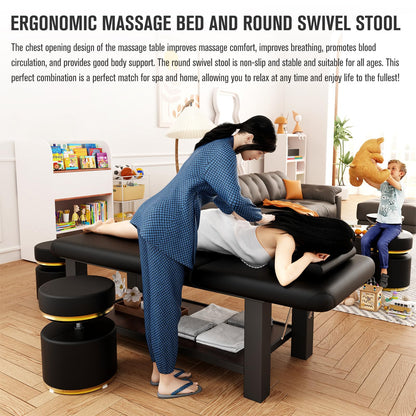 Ufurpie Adjustable Backrest Massage Table and Round Swivel Ottoman, Professional Massage Set, Heavy-Duty Spa Bed, 360° Adjustable Height Makeup Vanity Stool, for Salon Facial Physical Therapy, Black