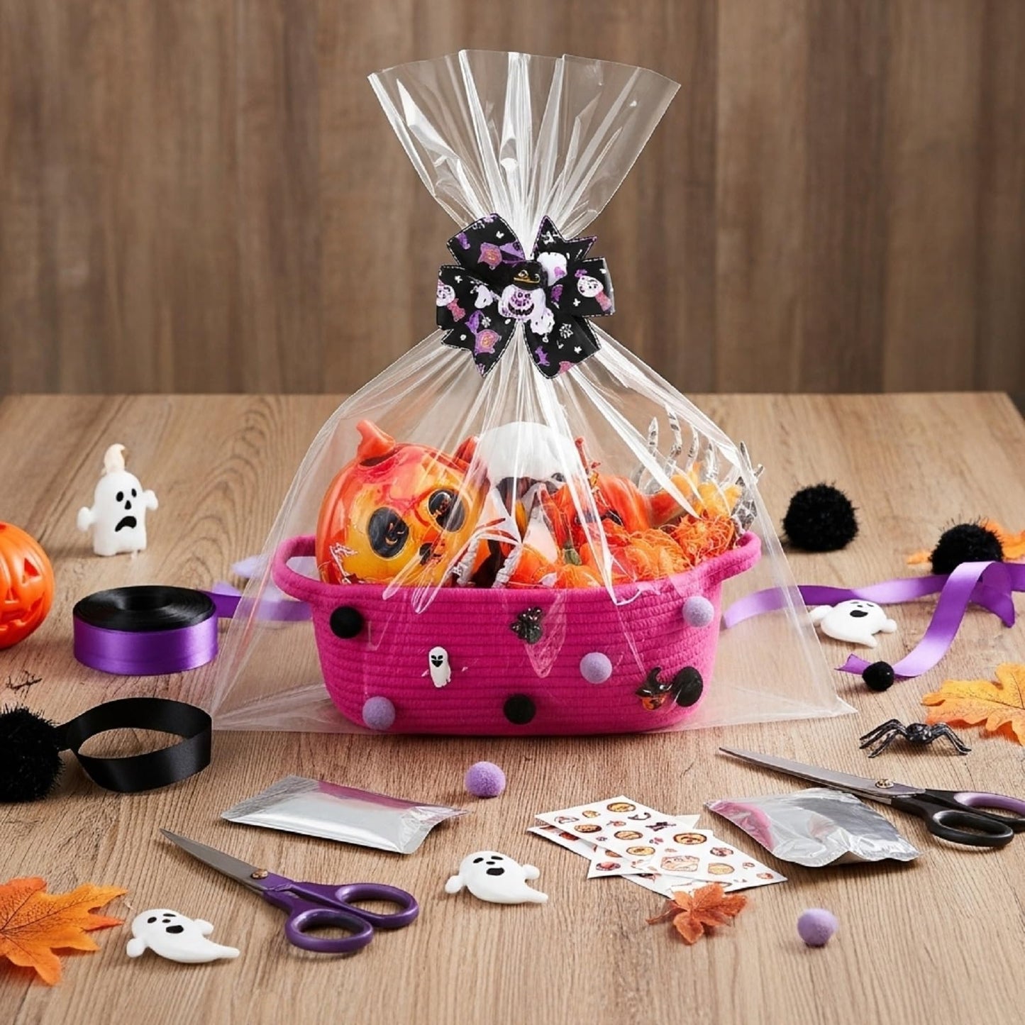 Teenyyou Halloween Gifts Basket Empty, 12" x 8" x 5" Woven Rope Basket with Gift Wrap Bag and Bow Clip for Halloween Party Gift Wrapping Decorations(Plum Red)