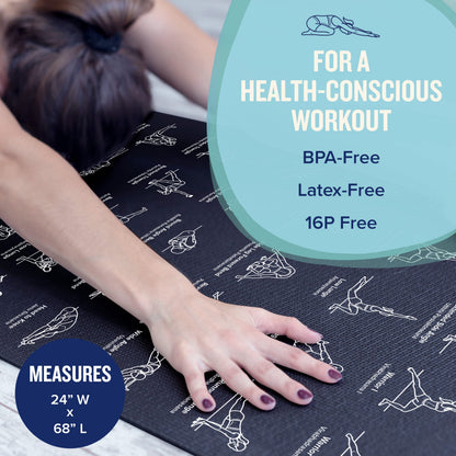 NewMe Fitness Yoga Mat for Women and Men - Large, 5mm Thick, 68 Inch Long, Non Slip Exercise Mats w/ 70 Printed Yoga Poses for Pilates, Workout and Stretching - Home and Gym Essentials - Purple