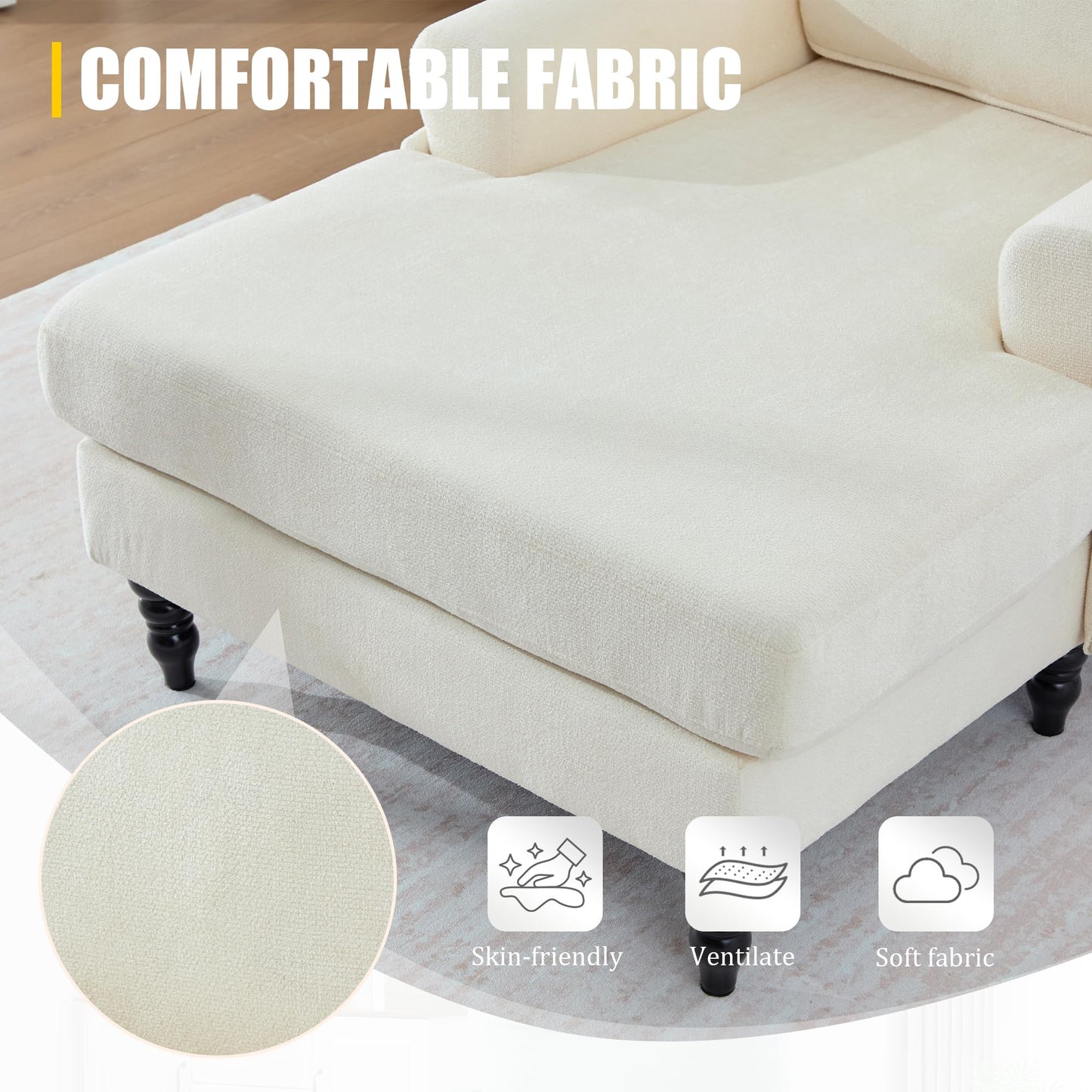 KEIKI Chaise Lounge Chair Indoor, Oversized Accent Chenille Armchair with Storage, Leisure Sleeper Single Sofa Side Chair, Corner Recliner Arm Chairs for Living Room Reading, Easy Assembly, Beige