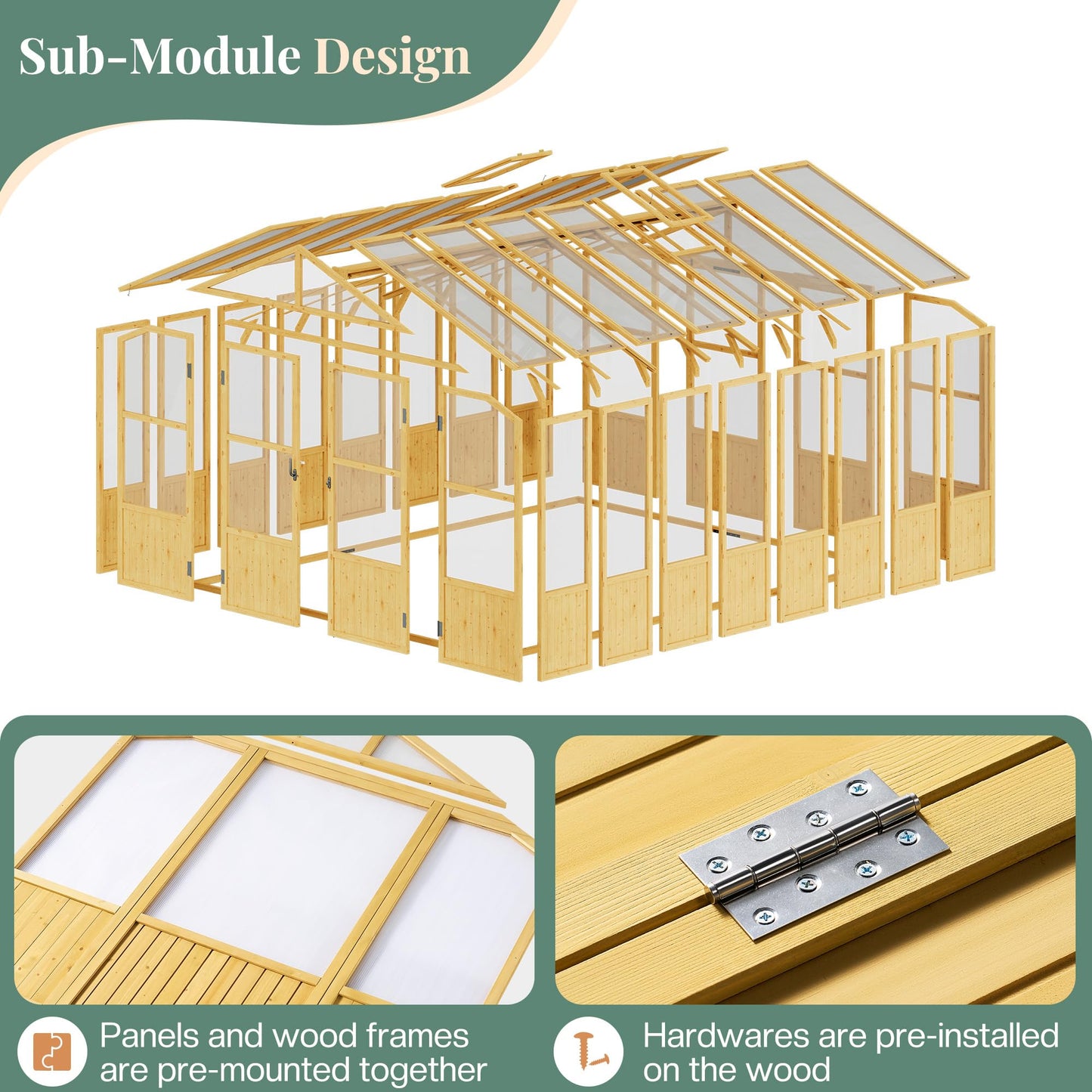 Jocisland 10x13.2 Ft Wood Greenhouse, Wooden Greenhouse for Outdoors with Lockable Door, Walk-in Cedar Greenhouse with Adjustable 2 Roof Vents, Polycarbonate Greenhouse for Outdoors, Garden, Backyard