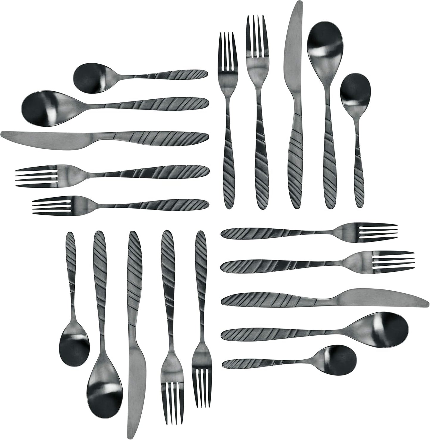 MegaChef La Vague 20 Piece Flatware Utensil Set, Stainless Steel Silverware Metal Service for 4 in Matte Black