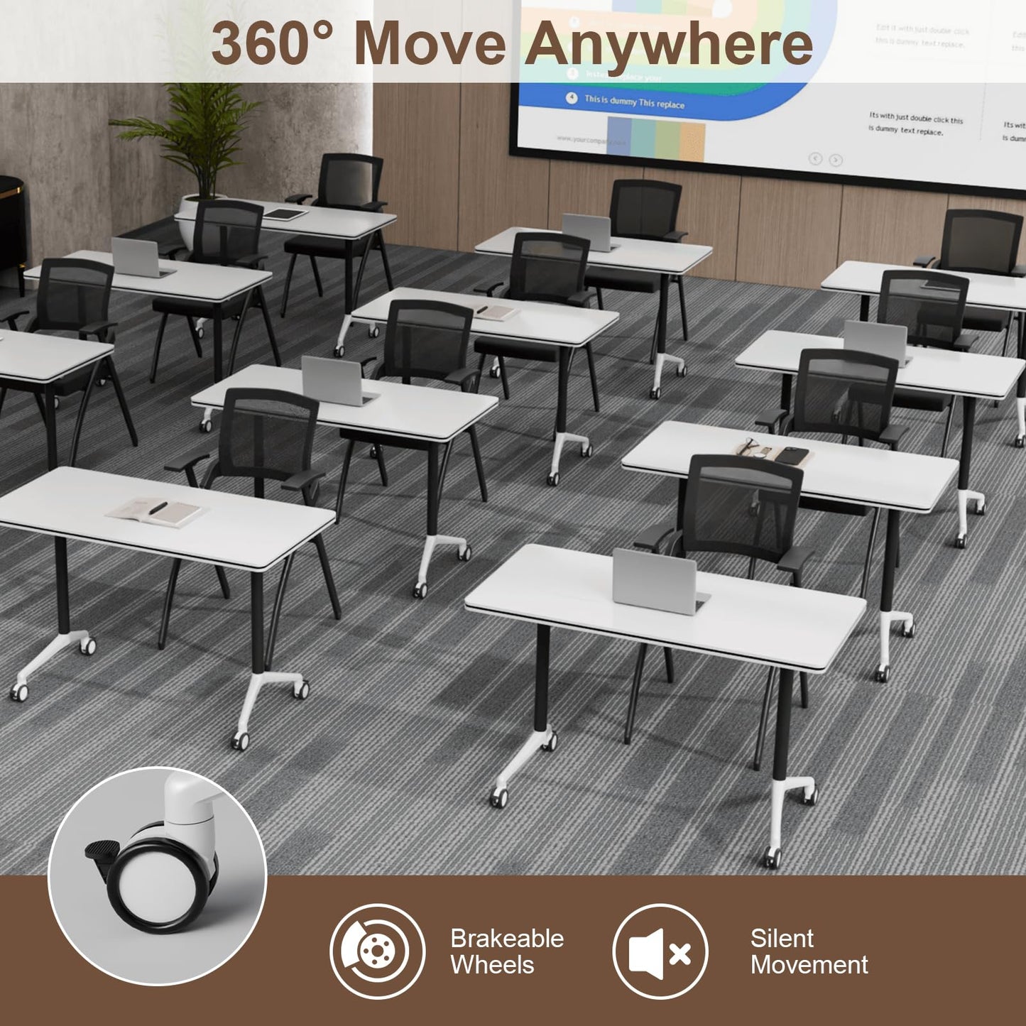 robwibw Folding Conference Room Table Modular Large Mobile Training Meeting Table Rolling Conference Tables with Wheels Seminar Tables for Office Training Classroom(6, Matte White, 63 INCH)