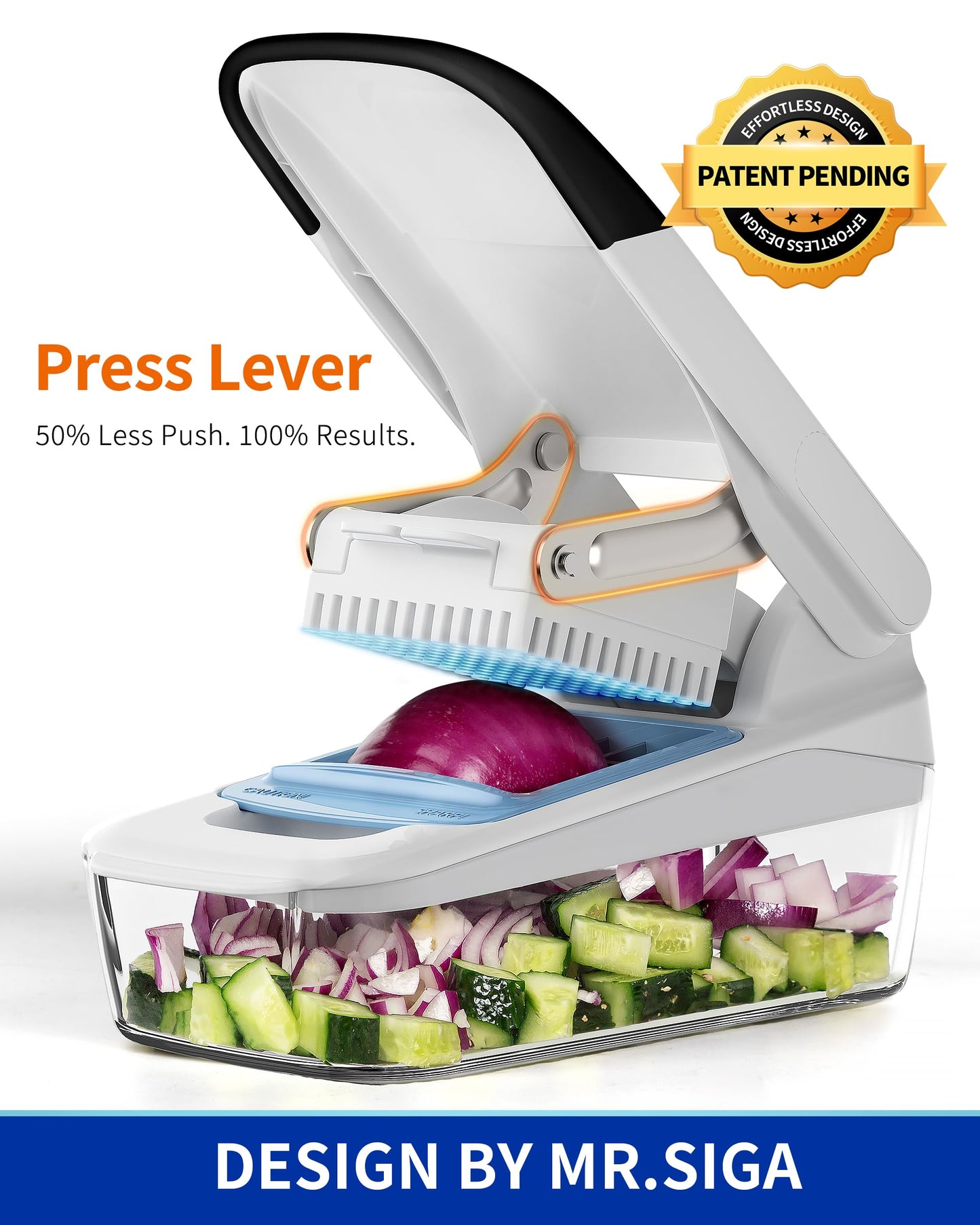 MR.SIGA Vegetable Chopper with Container, 2 in 1 Manual Hand Food Chopper with 2 Stainless Steel Chopping Blades for Potato Strips, Onion Cubers, Carrot Sticks, White & Black
