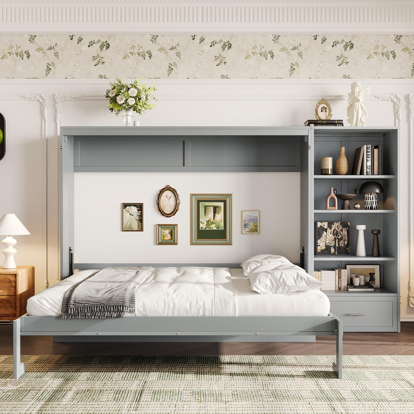 GDFStudio Queen Size Murphy Bed with Storage Compartments and Shelf, Wall Bed Frame with Adjustable Shelves and Drawer, Foldable Platform Bed for Guest Room Bedroom, Gray