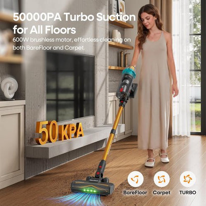 ElecKeys Cordless Vacuum Cleaner - 600W, 50KPA Suction, 70 Mins Runtime | Lightweight Self-Standing Stick Vacuum for Home & Pet Hair