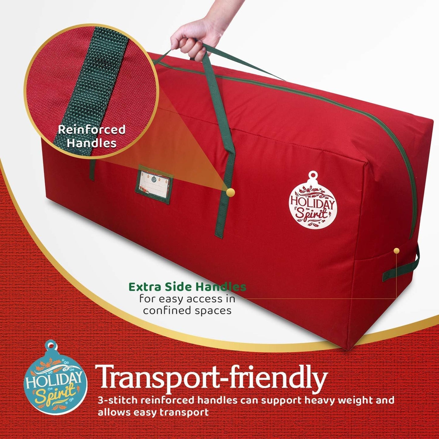 HOLIDAY SPIRIT Heavy-Duty Christmas Tree Storage Bag, Waterproof with Reinforced Handles & Zipper, Fits 7.5FT Tree, Red