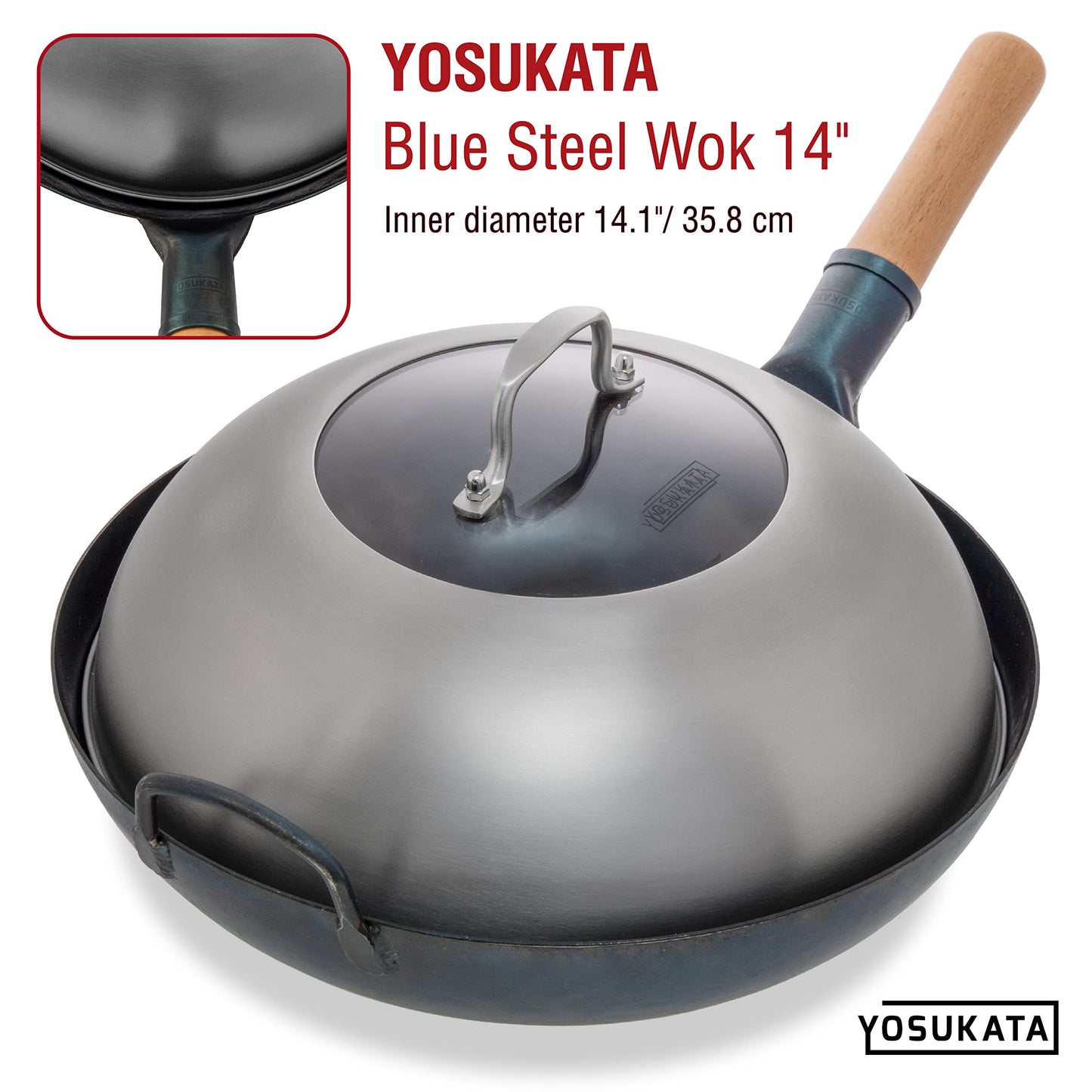 YOSUKATA Wok Lid 13.6 Inch - Premium Stainless Cover with Tempered Glass Insert Steam Holes - Dishwasher-Safe Lid for 14-Inch Wok - Chees Melting Dome for Griddle