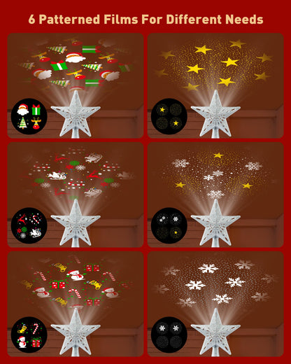 Christmas Tree Topper Lighted with 6 Patterns Projector, Christmas Star Tree Topper Built-in 3D Glitter LED Rotating Lights, Hollowed Christmas Tree Ornament for Xmas Party Holiday Decoration(Silver)