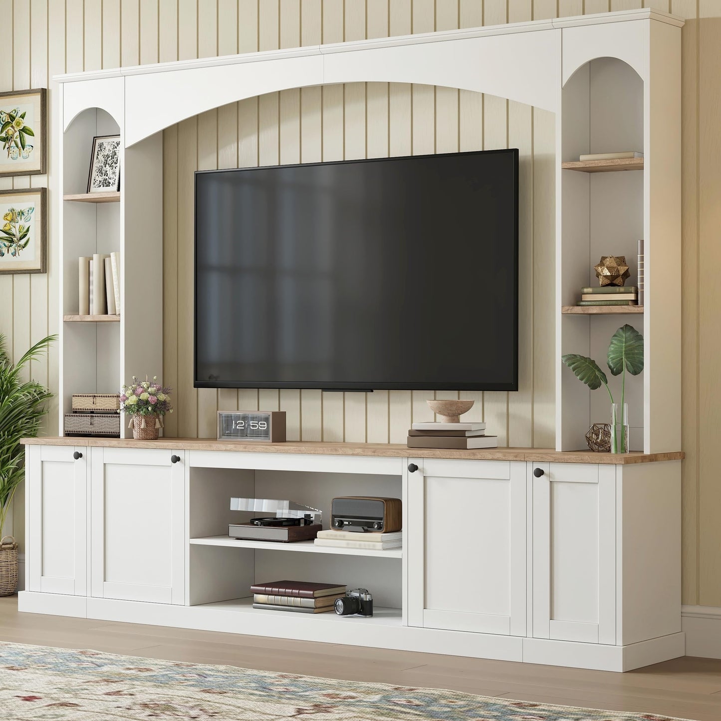 Merax Elegant Arched Entertainment Center Wall Unit with Bookshelf, Minimalism TV Stand for Televisions up to 70", Mid-Century Media Console with Adjustable Shelves for Living Room, White