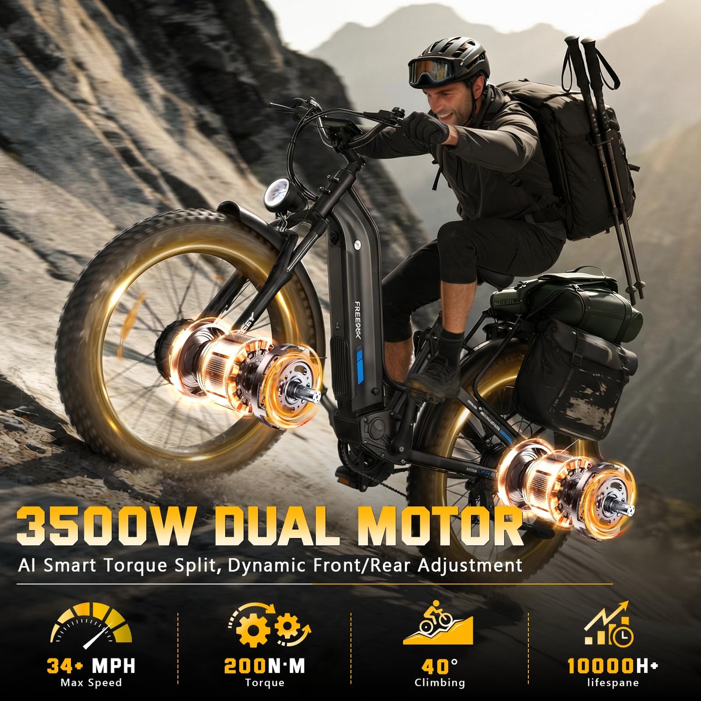 FREESKY Dual Motor Electric Bike for Adults 3500W Fast Ebike 105Miles Long Range 48V 25A Electric Mountain Bike 34MPH Dirt E Bike 26'' Fat Tire Full Suspension Electric Bicycle for Women/Man Black