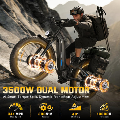 FREESKY Dual Motor Electric Bike for Adults 3500W Fast Ebike 105Miles Long Range 48V 25A Electric Mountain Bike 34MPH Dirt E Bike 26'' Fat Tire Full Suspension Green