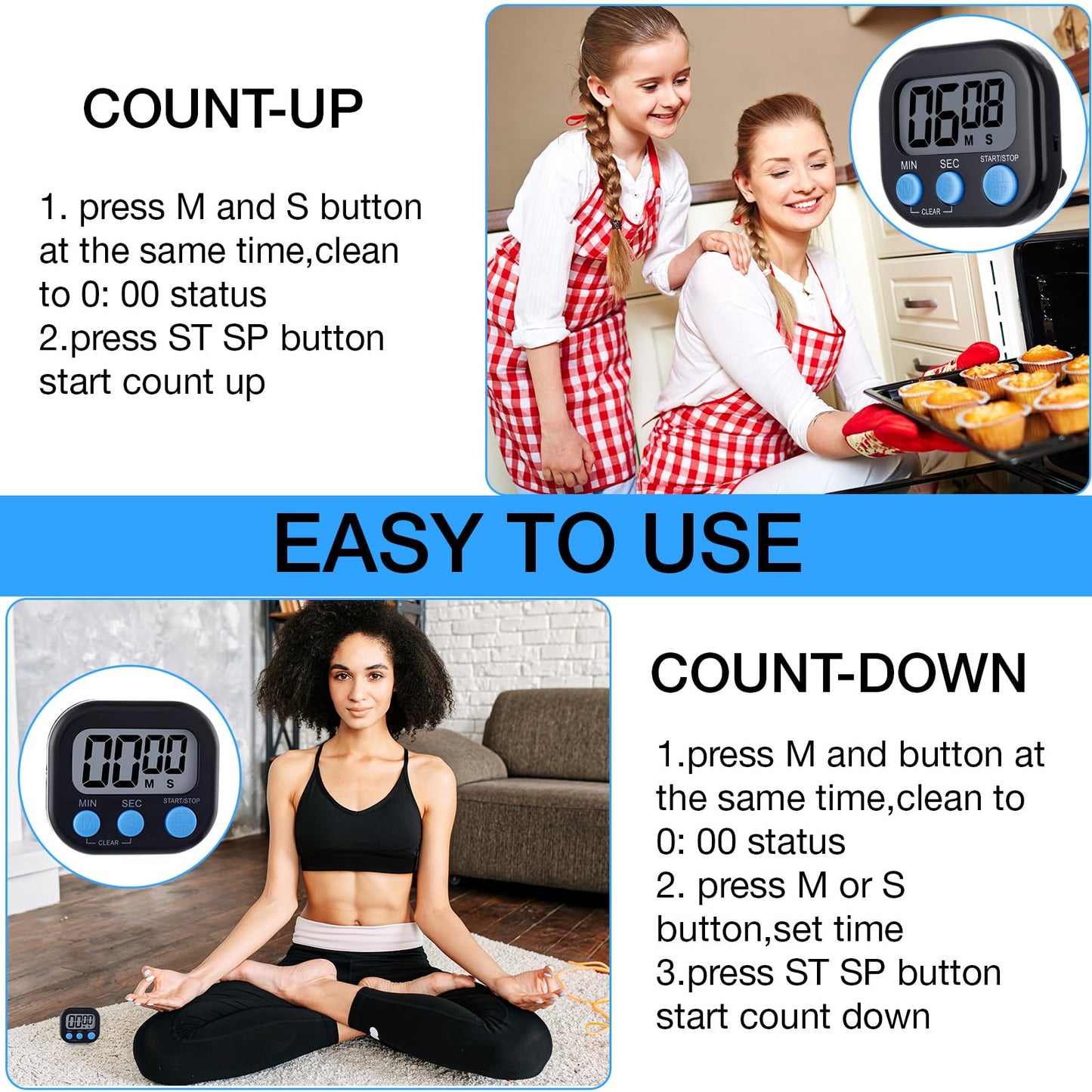 Leumoi 24 Pcs Digital Kitchen Timers Magnetic Back Timers Bulk Large Screen Loud Alarm On/Off Switch Minute Second Count up Countdown Memory Setting for Cooking Classroom Exercise(Black and Blue)