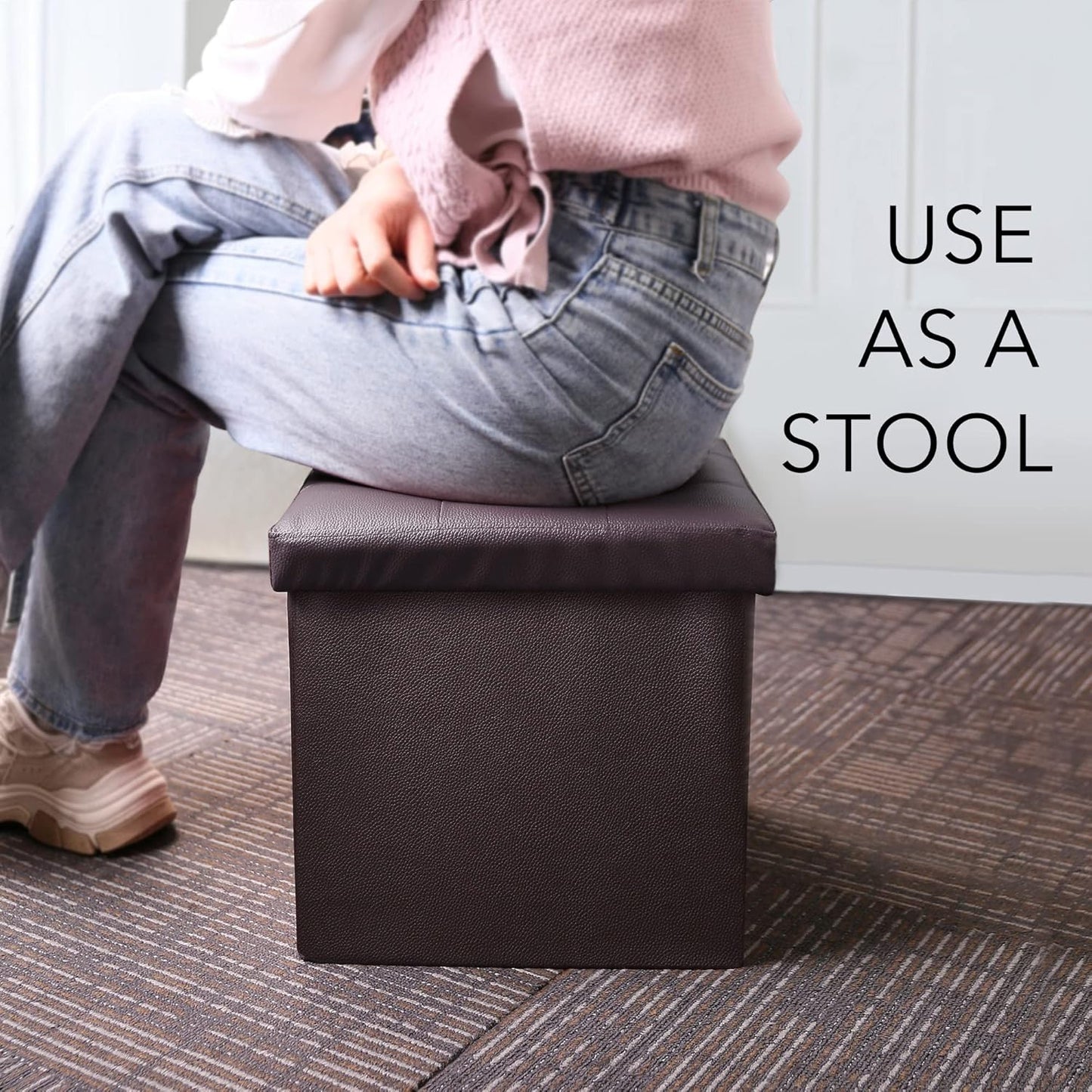Ottoman,13x12x12 inch LotFancy Storage Ottoman Cube, Brown Foot Stool Square Ottoman with Lid, Faux Leather Seat