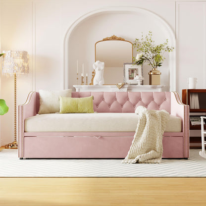 Merax Twin Size Upholstered Velvet Daybed with Pop Up Trundle, Multi-Functional Sofa Bed with Backrest and Two Armrest for Kids Room, Guest Room, Living Room,Pink