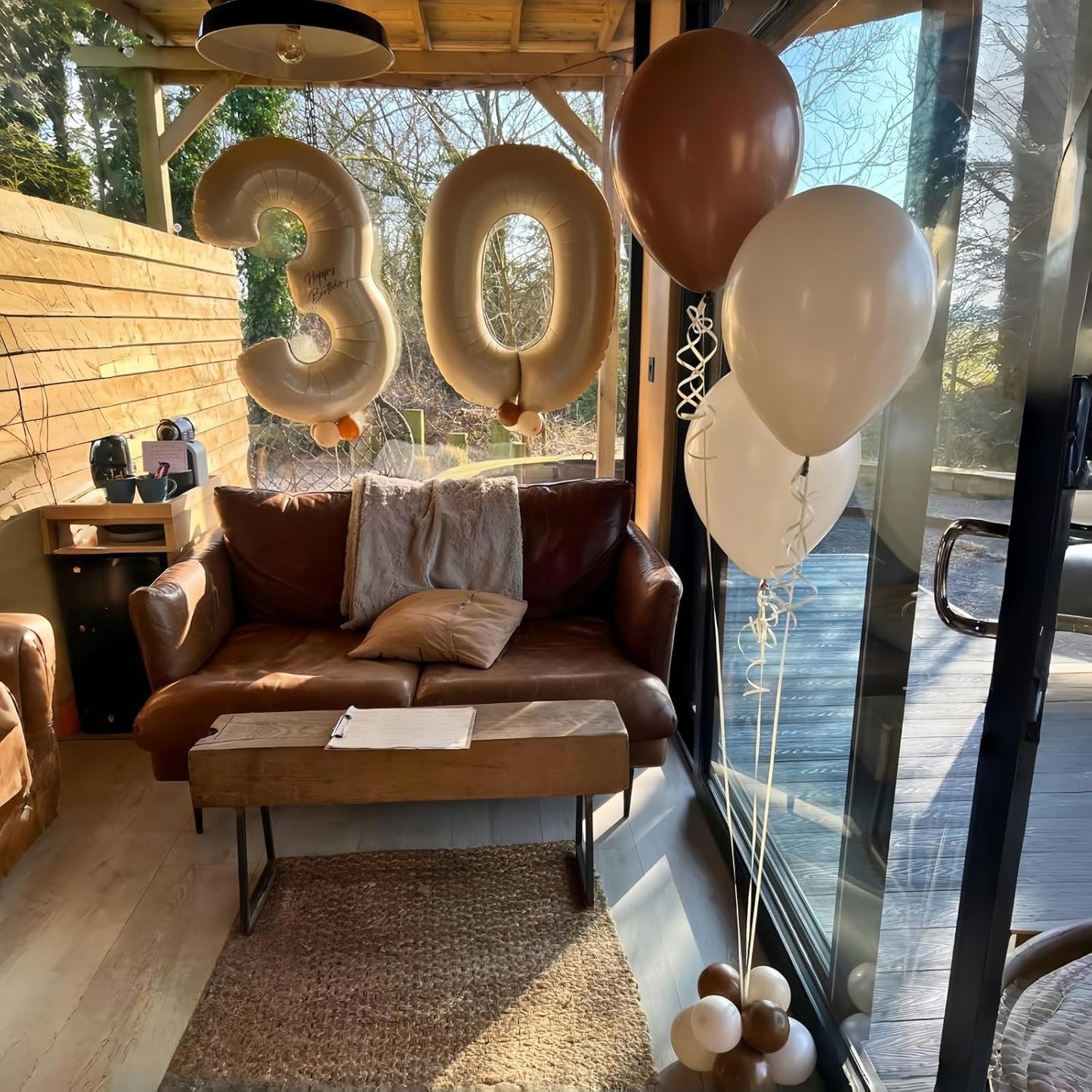Skiennix 30 Balloons Decor - Beige Nude Apricot Foil Star & Heart Balloons | 40'' White Sand Helium Number 30 for 30th Birthday & Wedding Anniversary Celebrations