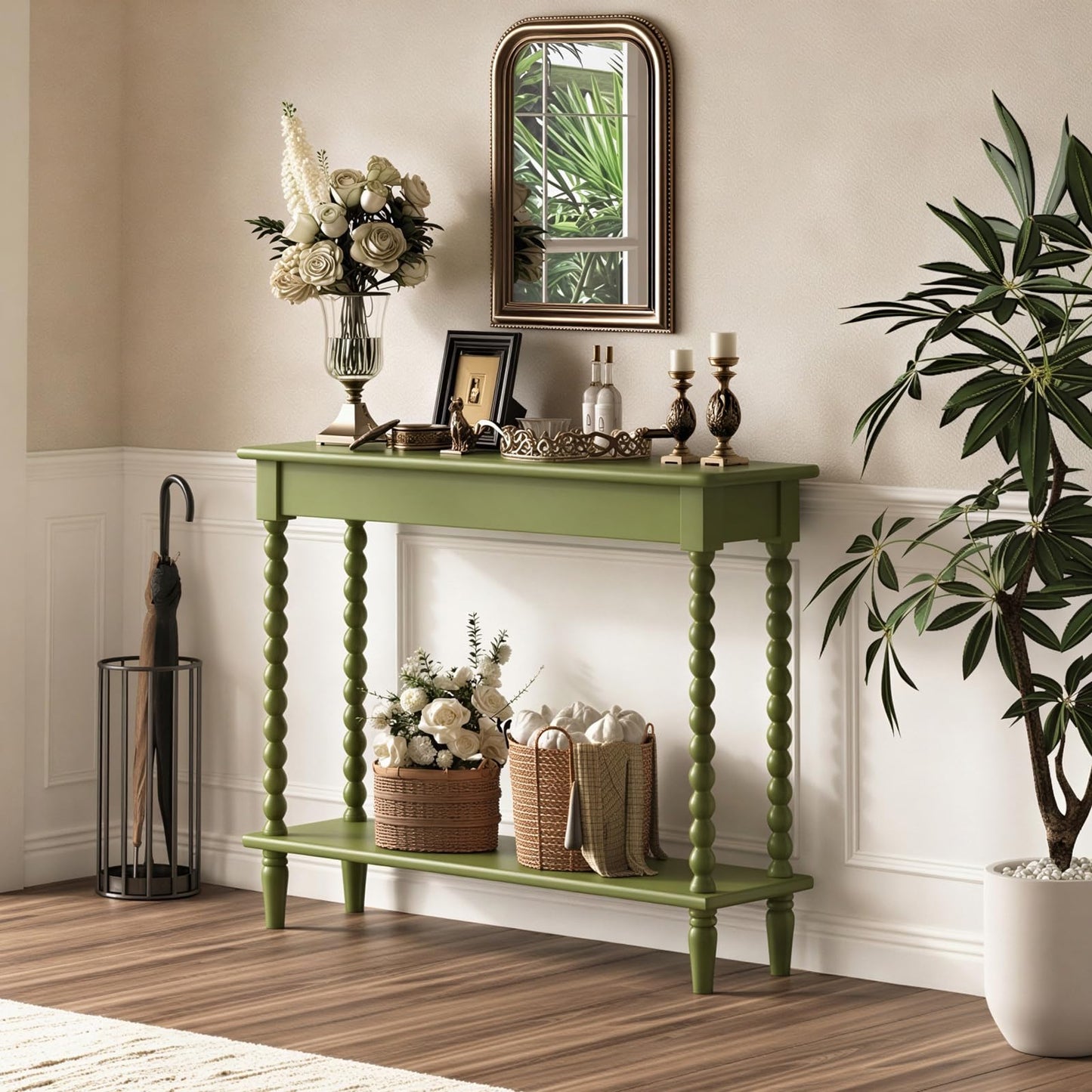 NKGIAG 45'' Vintage Console Table, 100% Solid Wood Tall Entryway Table with 2-Tier Storage for Entrance, Hallway, Foyer, Living Room, Narrow Couch Table Behind Sofa, Minimal Assembly, Green
