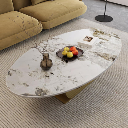 KEIKI 49.2" Modern Sintered Stone Coffee Table with Faux Marble Top & Stainless Steel O-Shaped Base, 15.6" Low Profile Industrial Center Table for Living Room, Contemporary Accent Table, White Gold