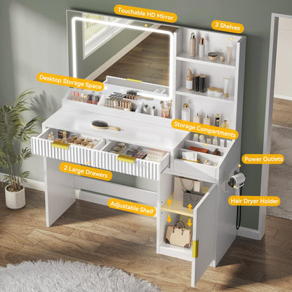 YITAHOME Large Makeup Vanity Desk with Mirror and Lights, Fluted Vanity Table with 2 Drawers & Adjustable Shelves, Makeup Mirror in 3 Modes Lighting, Dressing Table Set w/Charging Station, White