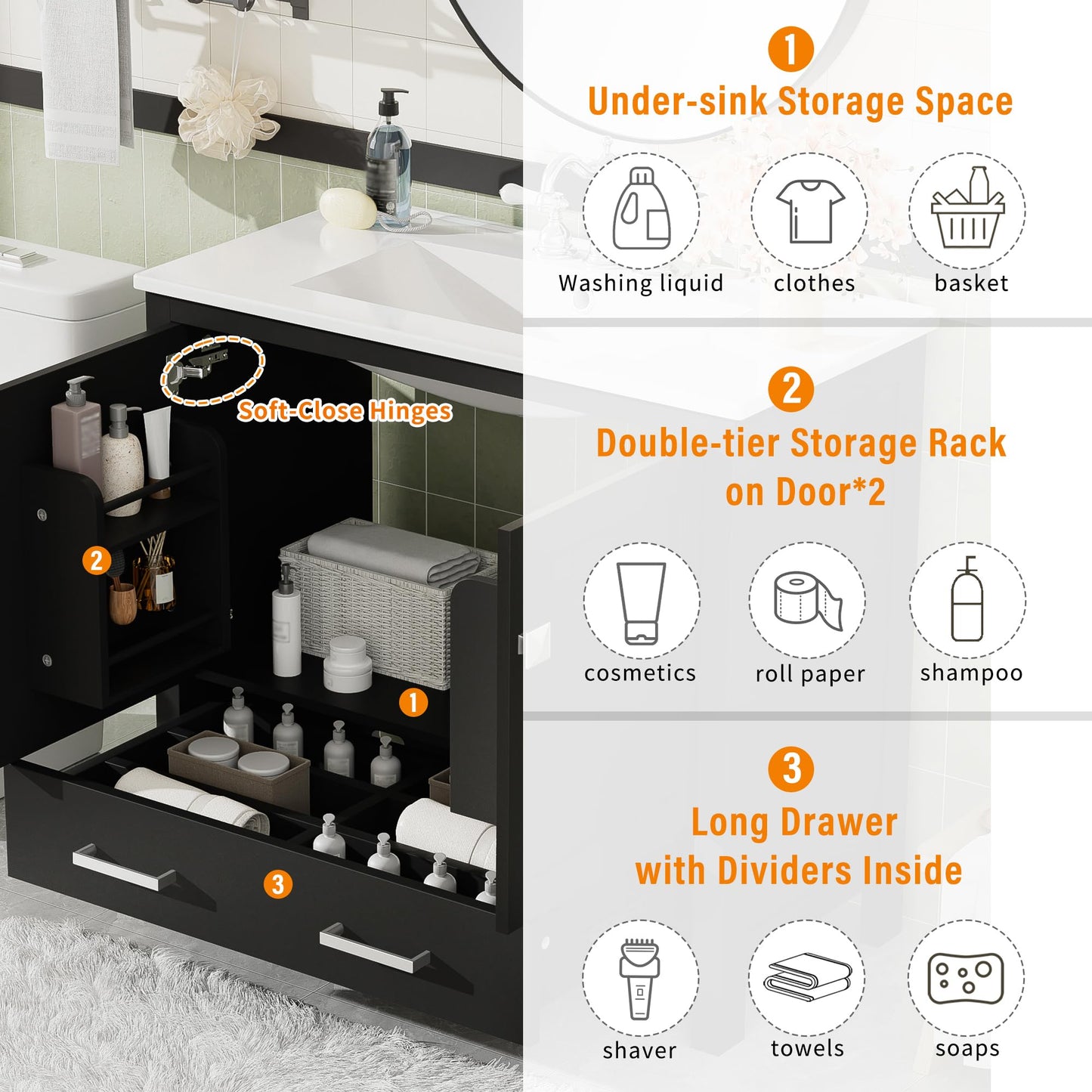 Favfurish 72" Double Bathroom Vanity with Ceramic Sink,Free Standing Single Basin Vanity Set w/Storage Shelves & Divided Drawer,Soft-Close Doors,Bathroom Storage Solution,Mirror Not Included,Black