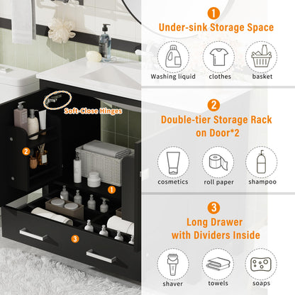 Favfurish 72" Double Bathroom Vanity with Ceramic Sink,Free Standing Single Basin Vanity Set w/Storage Shelves & Divided Drawer,Soft-Close Doors,Bathroom Storage Solution,Mirror Not Included,Black