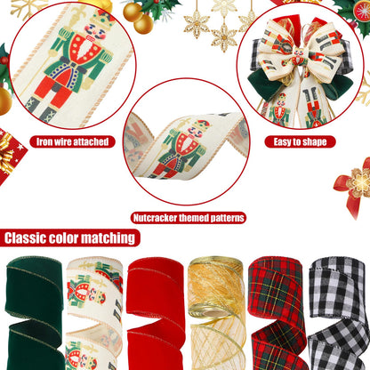 Suncalla 6 Rolls Nutcracker Christmas Ribbon Set 2.5 Inch x 10 Yards Wired Holiday Ribbons for Nutcracker Bows Wreaths Tree Decorations and Gift Wrapping Wide Red Green Gold Plaid Soldier Designs