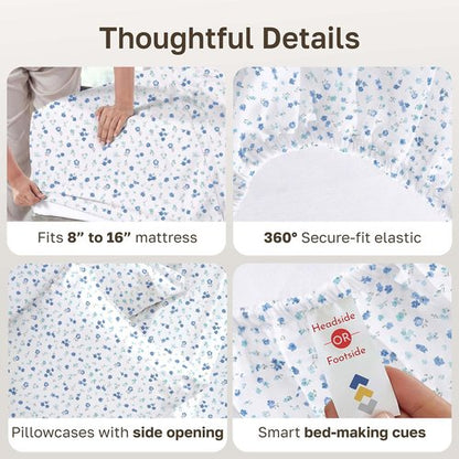 California Design Den Soft Full Cotton Sheet Set - 100% Cotton, 400 TC, Deep Pockets, Floral White/Blue