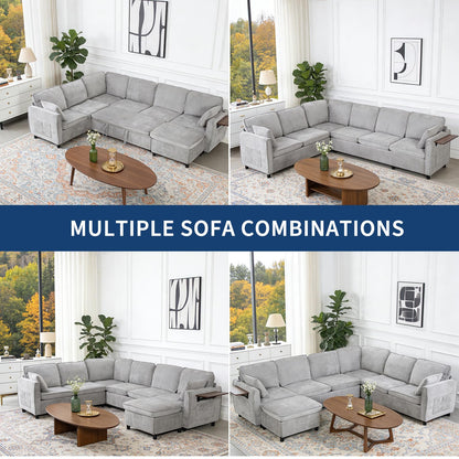 Modular Sectional Sleeper Sofa with Pull Out Bed, 116" Large U Shaped 7 Seater Sectional Couches with Ottoman, Charging Port & Foldable Side Table, Comfy Chenille Cloud Sofas for Living Room, Grey