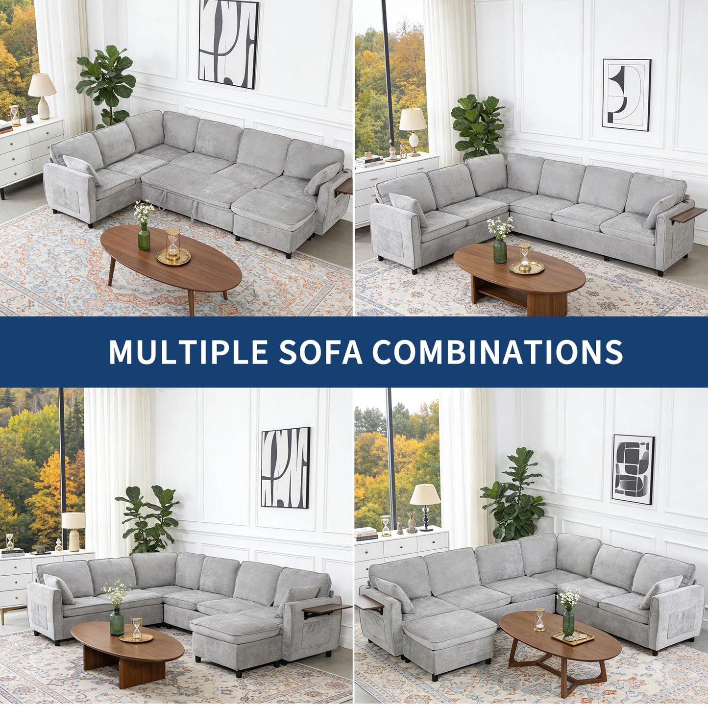 Modular Sectional Couch with Pull Out Sofa Bed, 116" U Shaped Modular Cloud Sofa Set with Ottoman, Charging Port & Foldable Side Table, 7 Seater Comfy Chenille Sleeper Couch for Living Room, Grey