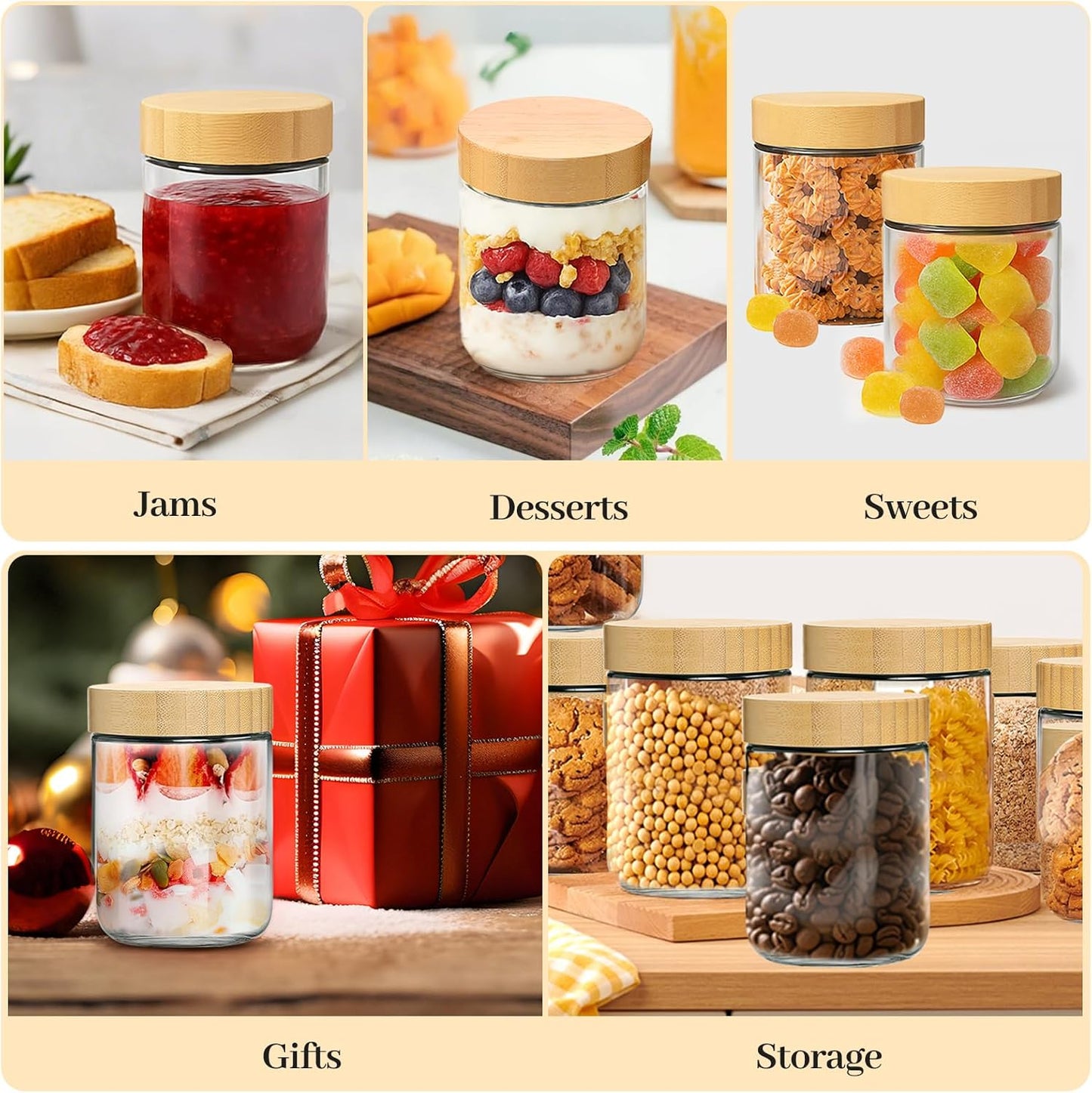 12 Pack 16oz TBWIND Glass Jars with Bamboo Lids, Spoons, Airtight Overnight Oats Containers, Salad& Yogurt Storage