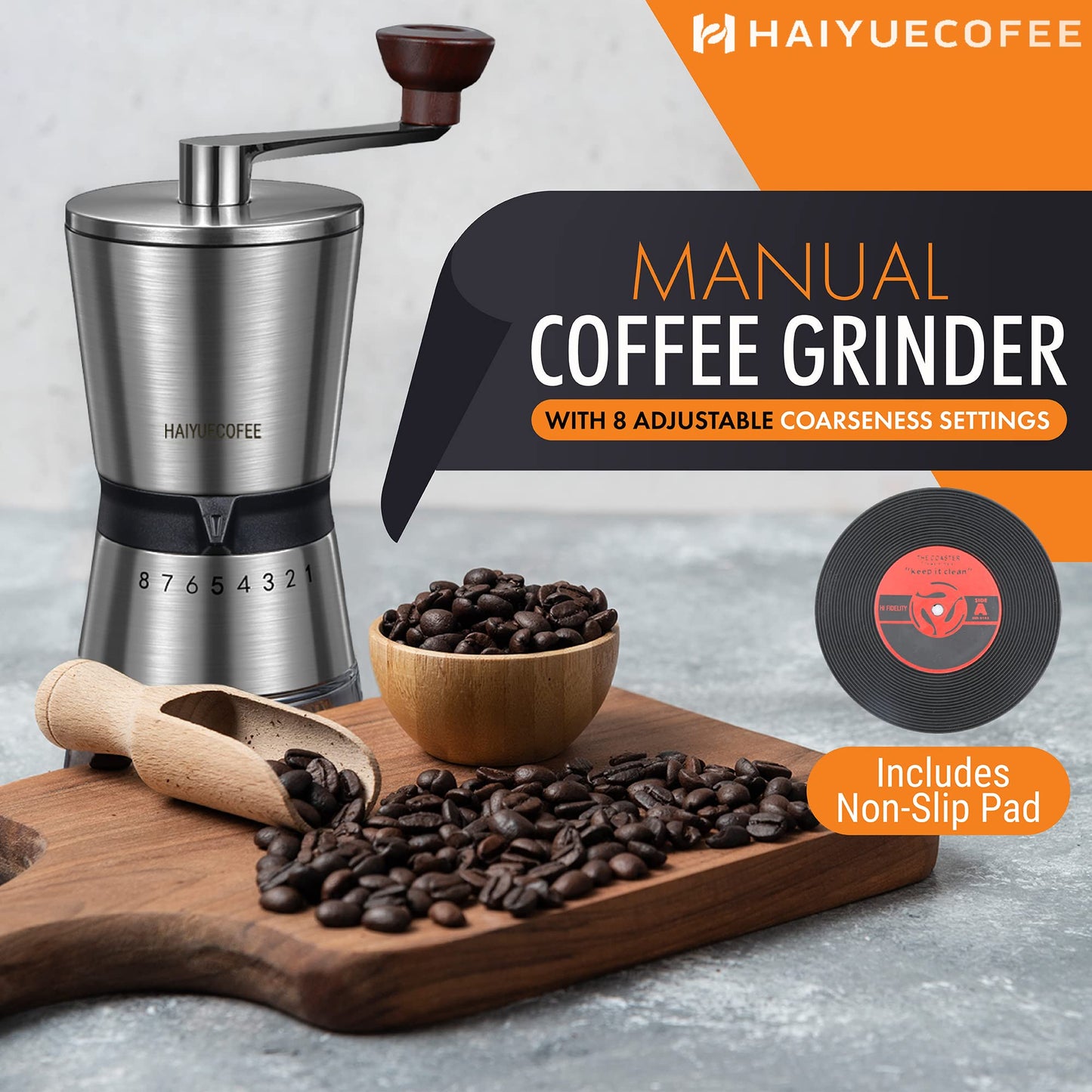 HAIYUECOFEE Manual Coffee Grinder with 8 Adjustable Coarseness Settings, Hand Crank Coffee Mill with Ceramic Burr for Espresso Beans, French Press, Pour Over, Drip Coffee – Rustproof, Non-Dulling