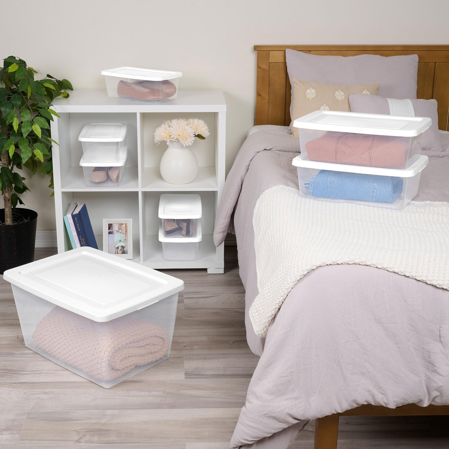 Sterilite 32 Pack Storage Box, 58 Quart Stackable Tote, Clear Plastic Container with Secure Snapping Lids for Home and Office Organization, White