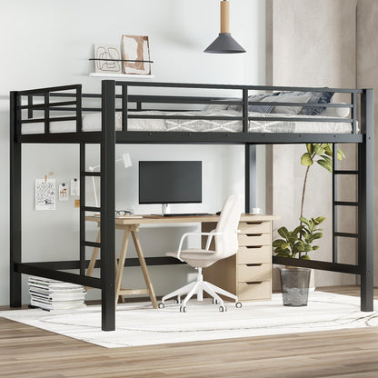 Metal Queen Size Loft Bed,Heavy Duty Loft Bed Frame Queen Size with 2 Ladders and Full Length Guardrails for Kids, Teens, Adults, Noise-Reducing,Space-Saving,Black