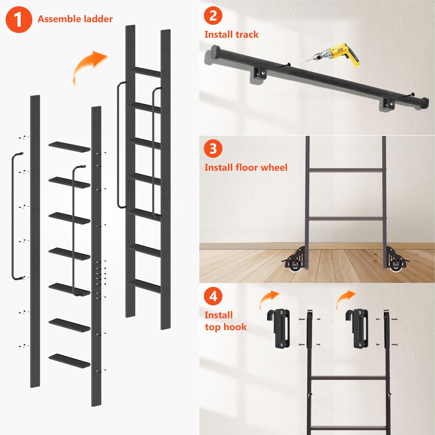 DIYHD 96" Lightweight Sliding Library Ladder with Handrail, Rolling Bookshelf Ladder with 4FT Rail System, Telescopic Top Hook, Upright Space-Saving Storage Design, 8 Steps, 300 Pound Capacity, Black